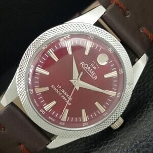 Vintage 1975 Roamer Manual Mens Silver Watch W/Leather Strap & Red accents